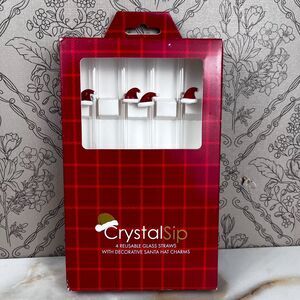 Christmas Crystal Sip 4 Reusable Glass Drinking Straws with Santa Hats Party